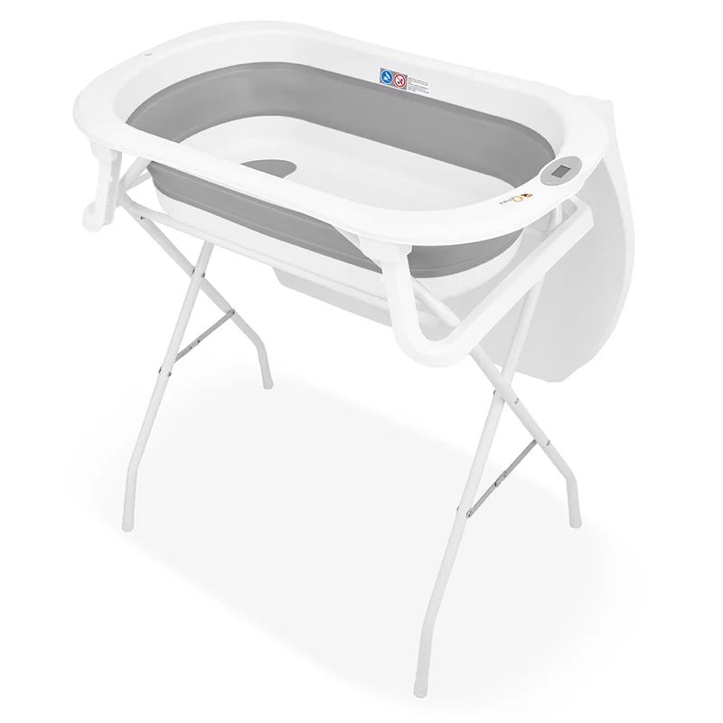 Cadita de baie pliabila, Qmini, Foldy Pro Care, Cu suport metalic si masuta de infasat, Cu termometru electronic, Cu dop si furtun pentru scurgere, Antiderapanta, 80×49 cm, Alb/Gri