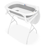 Cadita de baie pliabila, Qmini, Foldy Pro Care, Cu suport metalic si masuta de infasat, Cu termometru electronic, Cu dop si furtun pentru scurgere, Antiderapanta, 80×49 cm, Alb/Gri