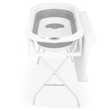 Cadita de baie pliabila, Qmini, Foldy Pro Care, Cu suport metalic si masuta de infasat, Cu termometru electronic, Cu dop si furtun pentru scurgere, Antiderapanta, 80×49 cm, Alb/Gri