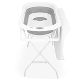Cadita de baie pliabila, Qmini, Foldy Pro Care, Cu suport metalic si masuta de infasat, Cu termometru electronic, Cu dop si furtun pentru scurgere, Antiderapanta, 80×49 cm, Alb/Gri
