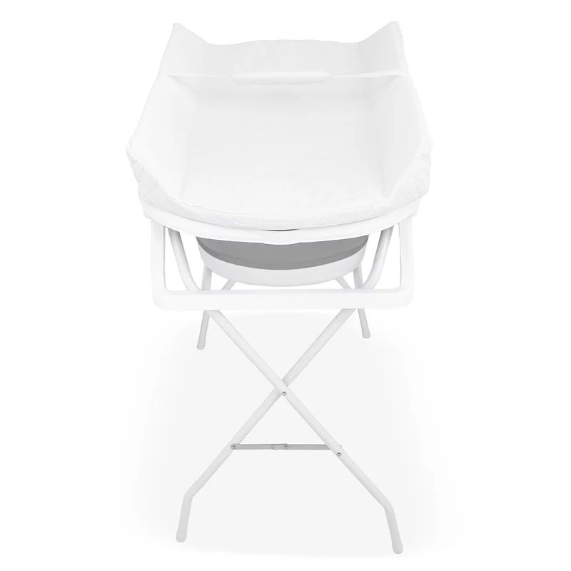 Cadita de baie pliabila, Qmini, Foldy Pro Care, Cu suport metalic si masuta de infasat, Cu termometru electronic, Cu dop si furtun pentru scurgere, Antiderapanta, 80×49 cm, Alb/Gri