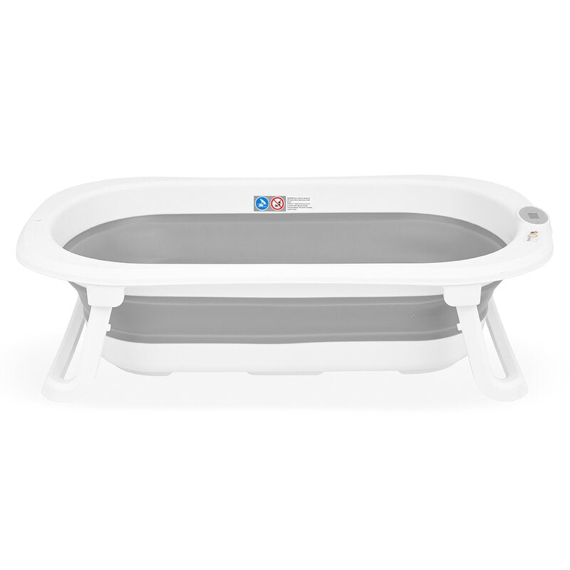 Cadita de baie pliabila, Qmini, Foldy Pro Care, Cu suport metalic si masuta de infasat, Cu termometru electronic, Cu dop si furtun pentru scurgere, Antiderapanta, 80×49 cm, Alb/Gri