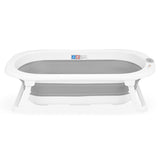 Cadita de baie pliabila, Qmini, Foldy Pro Care, Cu suport metalic si masuta de infasat, Cu termometru electronic, Cu dop si furtun pentru scurgere, Antiderapanta, 80×49 cm, Alb/Gri