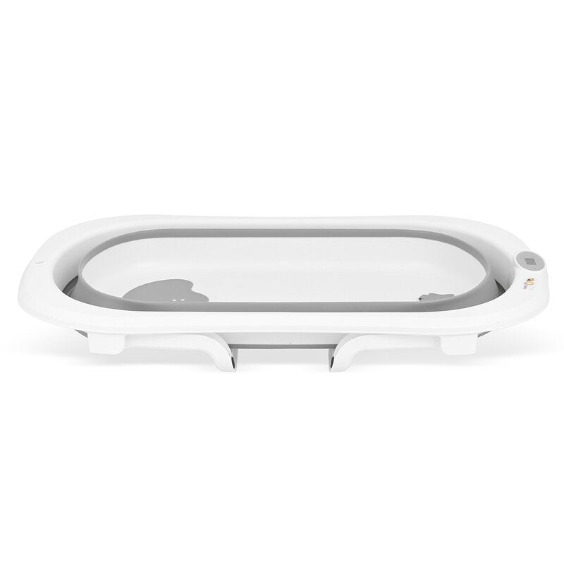 Cadita de baie pliabila, Qmini, Foldy Pro Care, Cu suport metalic si masuta de infasat, Cu termometru electronic, Cu dop si furtun pentru scurgere, Antiderapanta, 80×49 cm, Alb/Gri