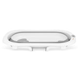 Cadita de baie pliabila, Qmini, Foldy Pro Care, Cu suport metalic si masuta de infasat, Cu termometru electronic, Cu dop si furtun pentru scurgere, Antiderapanta, 80×49 cm, Alb/Gri