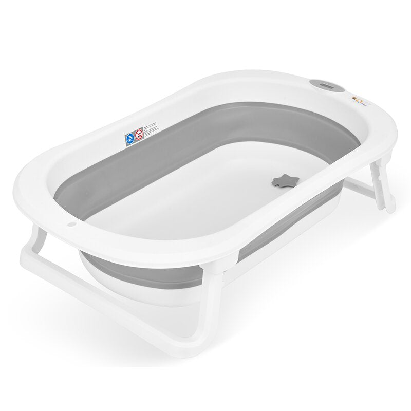Cadita de baie pliabila, Qmini, Foldy Pro Care, Cu suport metalic si masuta de infasat, Cu termometru electronic, Cu dop si furtun pentru scurgere, Antiderapanta, 80×49 cm, Alb/Gri