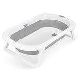 Cadita de baie pliabila, Qmini, Foldy Pro Care, Cu suport metalic si masuta de infasat, Cu termometru electronic, Cu dop si furtun pentru scurgere, Antiderapanta, 80×49 cm, Alb/Gri
