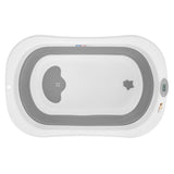 Cadita de baie pliabila, Qmini, Foldy Pro Care, Cu suport metalic si masuta de infasat, Cu termometru electronic, Cu dop si furtun pentru scurgere, Antiderapanta, 80×49 cm, Alb/Gri