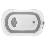 Cadita de baie pliabila, Qmini, Foldy Pro Care, Cu suport metalic si masuta de infasat, Cu termometru electronic, Cu dop si furtun pentru scurgere, Antiderapanta, 80×49 cm, Alb/Gri
