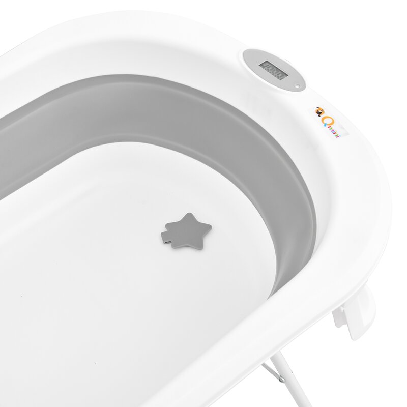 Cadita de baie pliabila, Qmini, Foldy Pro Care, Cu suport metalic si masuta de infasat, Cu termometru electronic, Cu dop si furtun pentru scurgere, Antiderapanta, 80×49 cm, Alb/Gri