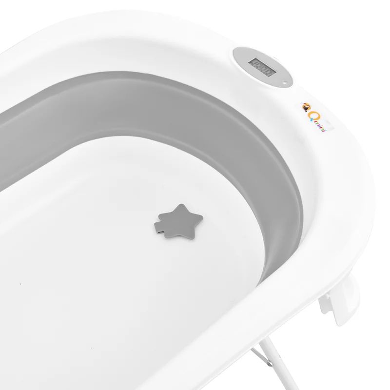 Cadita de baie pliabila, Qmini, Foldy Pro Care, Cu suport metalic si masuta de infasat, Cu termometru electronic, Cu dop si furtun pentru scurgere, Antiderapanta, 80×49 cm, Alb/Gri