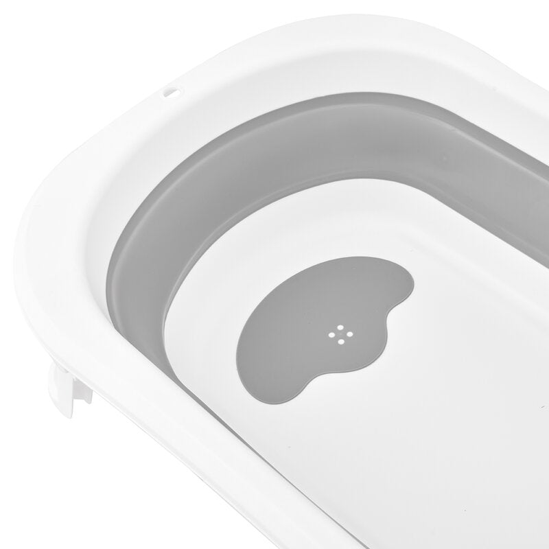 Cadita de baie pliabila, Qmini, Foldy Pro Care, Cu suport metalic si masuta de infasat, Cu termometru electronic, Cu dop si furtun pentru scurgere, Antiderapanta, 80×49 cm, Alb/Gri