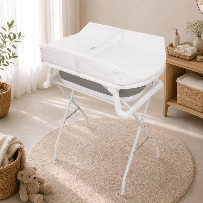 Cadita de baie pliabila, Qmini, Foldy Pro Care, Cu suport metalic si masuta de infasat, Cu termometru electronic, Cu dop si furtun pentru scurgere, Antiderapanta, 80×49 cm, Alb/Gri