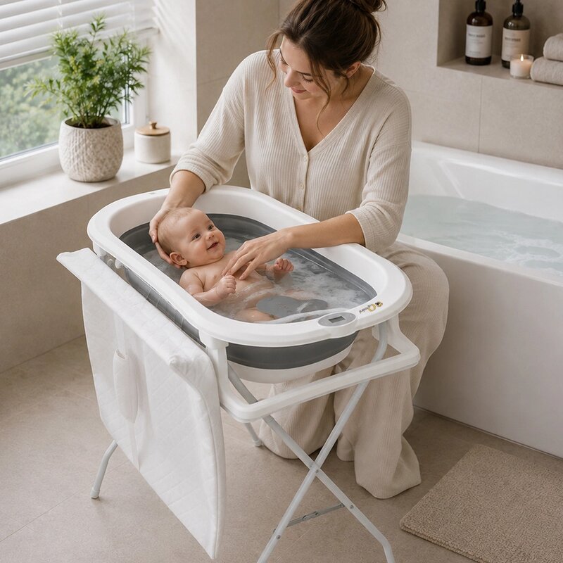 Cadita de baie pliabila, Qmini, Foldy Pro Care, Cu suport metalic si masuta de infasat, Cu termometru electronic, Cu dop si furtun pentru scurgere, Antiderapanta, 80×49 cm, Alb/Gri