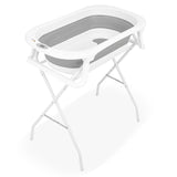 Cadita de baie pliabila, Qmini, Foldy Pro, Cu suport metalic si pernuta de baie, Cu termometru electronic, Cu dop si furtun pentru scurgere, Antiderapanta, 80×49 cm, Alb/Gri