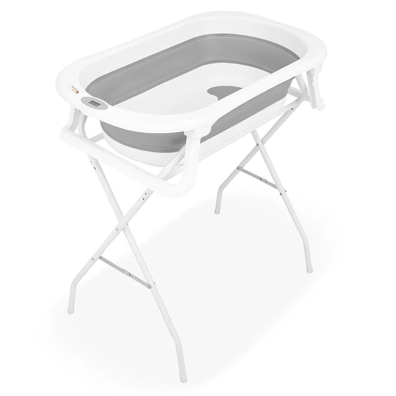 Cadita de baie pliabila, Qmini, Foldy Pro, Cu suport metalic si pernuta de baie, Cu termometru electronic, Cu dop si furtun pentru scurgere, Antiderapanta, 80×49 cm, Alb/Gri