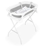 Cadita de baie pliabila, Qmini, Foldy Pro, Cu suport metalic si pernuta de baie, Cu termometru electronic, Cu dop si furtun pentru scurgere, Antiderapanta, 80×49 cm, Alb/Gri