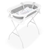 Cadita de baie pliabila, Qmini, Foldy Pro, Cu suport metalic si pernuta de baie, Cu termometru electronic, Cu dop si furtun pentru scurgere, Antiderapanta, 80×49 cm, Alb/Gri