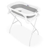 Cadita de baie pliabila, Qmini, Foldy Pro, Cu suport metalic si pernuta de baie, Cu termometru electronic, Cu dop si furtun pentru scurgere, Antiderapanta, 80×49 cm, Alb/Gri