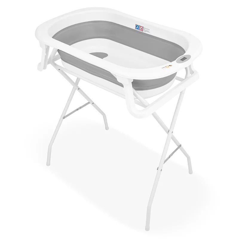Cadita de baie pliabila, Qmini, Foldy Pro, Cu suport metalic si pernuta de baie, Cu termometru electronic, Cu dop si furtun pentru scurgere, Antiderapanta, 80×49 cm, Alb/Gri