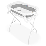 Cadita de baie pliabila, Qmini, Foldy Pro, Cu suport metalic si pernuta de baie, Cu termometru electronic, Cu dop si furtun pentru scurgere, Antiderapanta, 80×49 cm, Alb/Gri