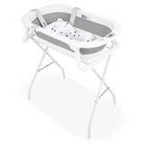 Cadita de baie pliabila, Qmini, Foldy Pro, Cu suport metalic si pernuta de baie, Cu termometru electronic, Cu dop si furtun pentru scurgere, Antiderapanta, 80×49 cm, Alb/Gri