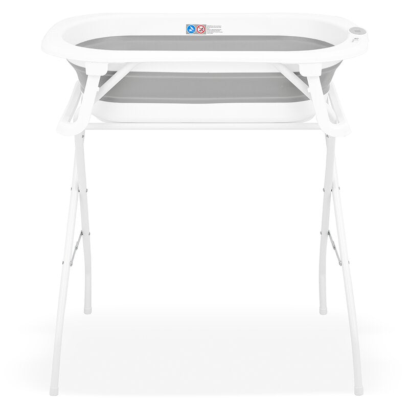 Cadita de baie pliabila, Qmini, Foldy Pro, Cu suport metalic si pernuta de baie, Cu termometru electronic, Cu dop si furtun pentru scurgere, Antiderapanta, 80×49 cm, Alb/Gri