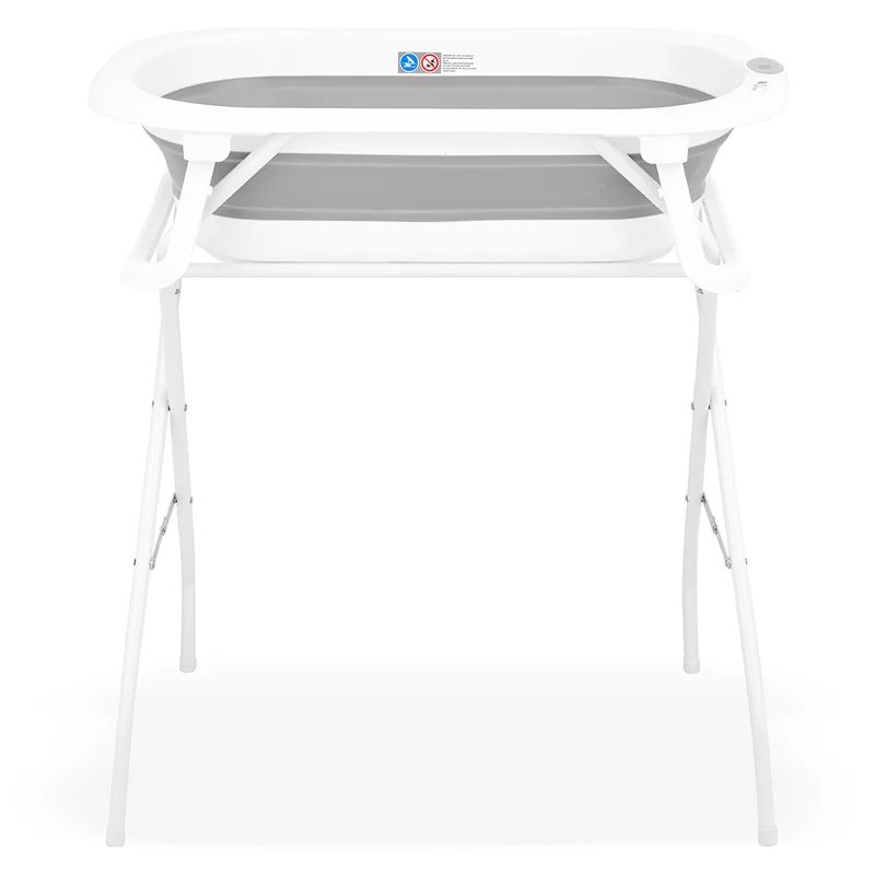 Cadita de baie pliabila, Qmini, Foldy Pro, Cu suport metalic si pernuta de baie, Cu termometru electronic, Cu dop si furtun pentru scurgere, Antiderapanta, 80×49 cm, Alb/Gri