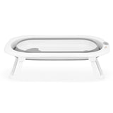 Cadita de baie pliabila, Qmini, Foldy Pro, Cu suport metalic si pernuta de baie, Cu termometru electronic, Cu dop si furtun pentru scurgere, Antiderapanta, 80×49 cm, Alb/Gri