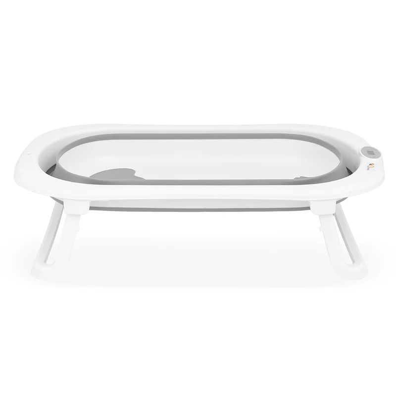 Cadita de baie pliabila, Qmini, Foldy Pro, Cu suport metalic si pernuta de baie, Cu termometru electronic, Cu dop si furtun pentru scurgere, Antiderapanta, 80×49 cm, Alb/Gri