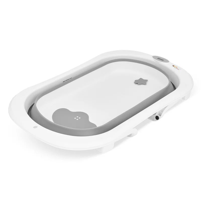 Cadita de baie pliabila, Qmini, Foldy Pro, Cu suport metalic si pernuta de baie, Cu termometru electronic, Cu dop si furtun pentru scurgere, Antiderapanta, 80×49 cm, Alb/Gri