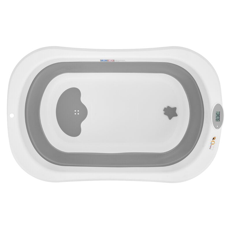Cadita de baie pliabila, Qmini, Foldy Pro, Cu suport metalic si pernuta de baie, Cu termometru electronic, Cu dop si furtun pentru scurgere, Antiderapanta, 80×49 cm, Alb/Gri