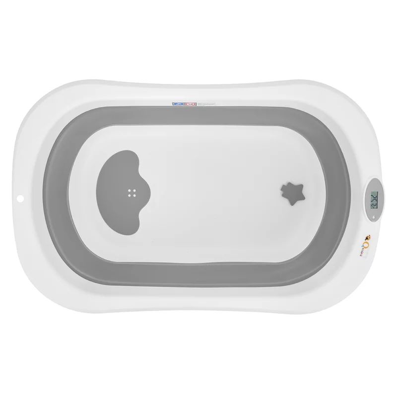 Cadita de baie pliabila, Qmini, Foldy Pro, Cu suport metalic si pernuta de baie, Cu termometru electronic, Cu dop si furtun pentru scurgere, Antiderapanta, 80×49 cm, Alb/Gri
