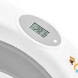 Cadita de baie pliabila, Qmini, Foldy Pro, Cu suport metalic si pernuta de baie, Cu termometru electronic, Cu dop si furtun pentru scurgere, Antiderapanta, 80×49 cm, Alb/Gri