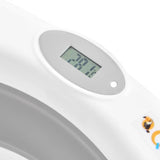 Cadita de baie pliabila, Qmini, Foldy Pro, Cu suport metalic si pernuta de baie, Cu termometru electronic, Cu dop si furtun pentru scurgere, Antiderapanta, 80×49 cm, Alb/Gri