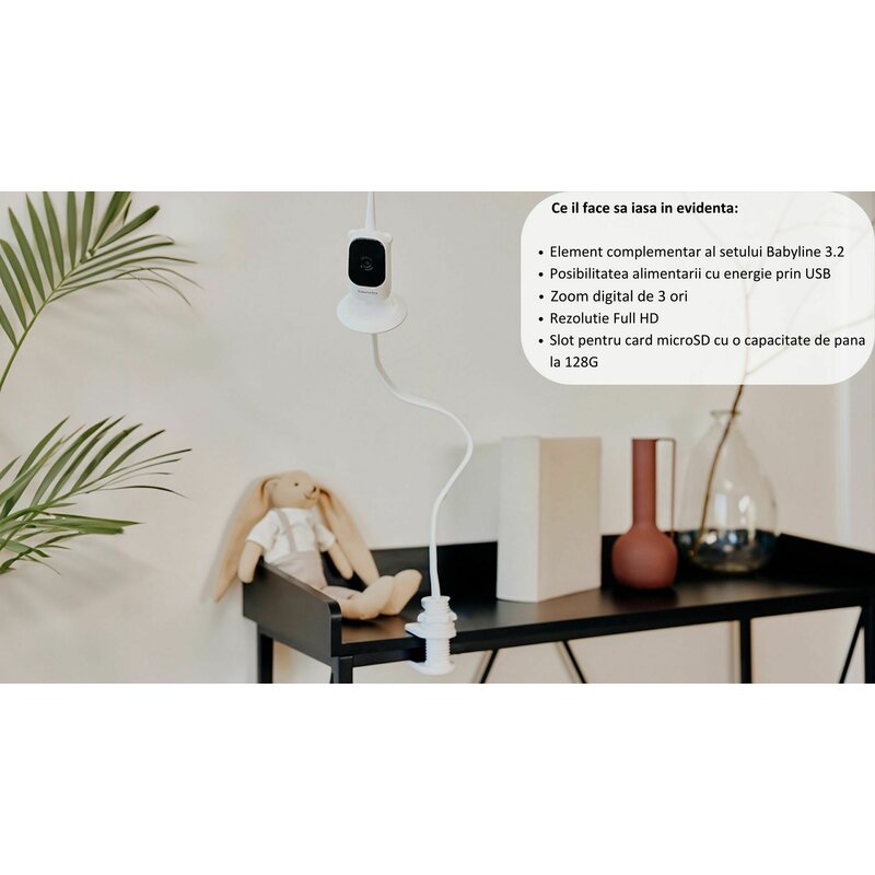 Camera aditionala, Lionelo, Babyline 3.2, Full HD, Zoom digital 3x, Cu mod de noapte, Stocare micro SD de pana la 128 GB, Cablu de 2,6 m, Alb - gogobaby.ro