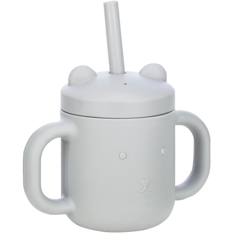 Cana din silicon, FreeON, fara BPA, Cu manere, Cu pai, 6 luni+, Conform cu standardul european de securitate EN 14350:2020, Grey