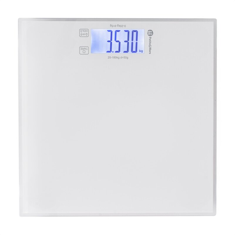 Cantar electronic, Petite&Mars, 2 in 1, Multifunctional, Panou cu touch, Pentru bebelusi si adulti, Pana 180 kg, Alb