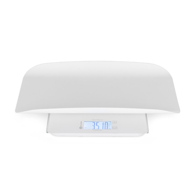 Cantar electronic, Petite&Mars, 2 in 1, Multifunctional, Panou cu touch, Pentru bebelusi si adulti, Pana 180 kg, Alb
