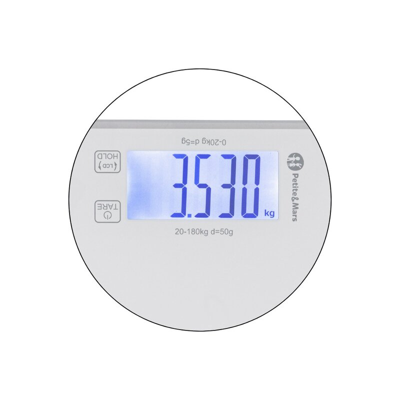 Cantar electronic, Petite&Mars, 2 in 1, Multifunctional, Panou cu touch, Pentru bebelusi si adulti, Pana 180 kg, Alb