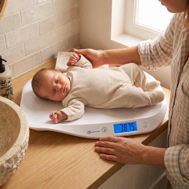 Cantar electronic, Petite&Mars, Pentru bebelusi, Pana la 20 kg, Forma ergonomica, Inregistreaza greutatea si in timpul miscarii, Alb