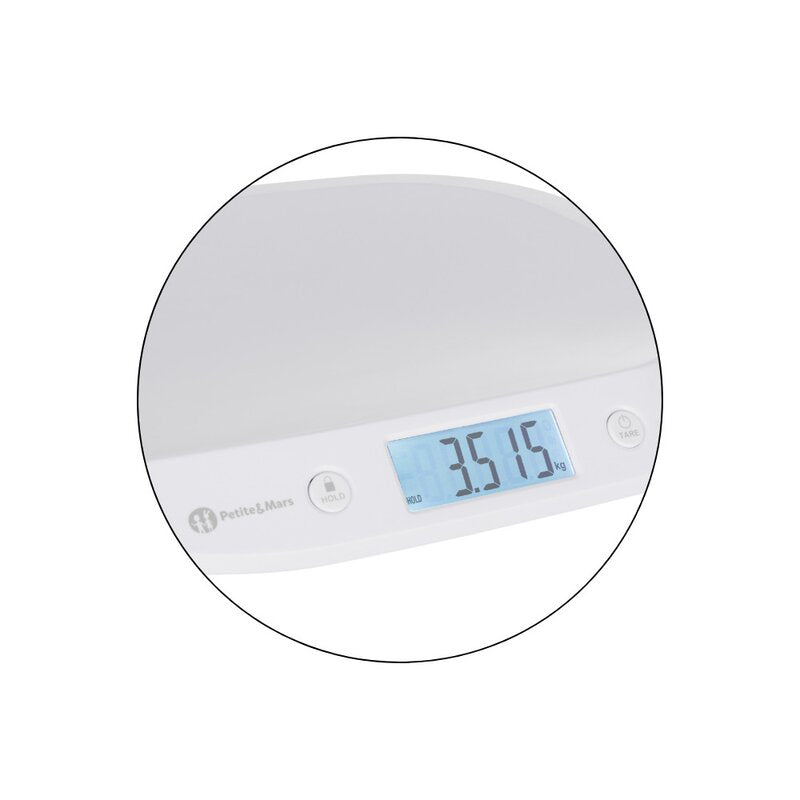 Cantar electronic, Petite&Mars, Pentru bebelusi, Pana la 20 kg, Forma ergonomica, Inregistreaza greutatea si in timpul miscarii, Alb