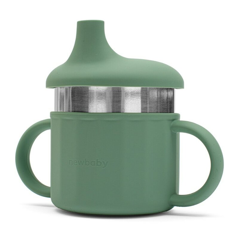Canuta, New Baby, Cu manere si gura de scurgere care poate fi folosita de sine statatoare sau cu pai, 50% silicon, 50% otel inoxidabil, Fara BPA, 0 luni+, Green