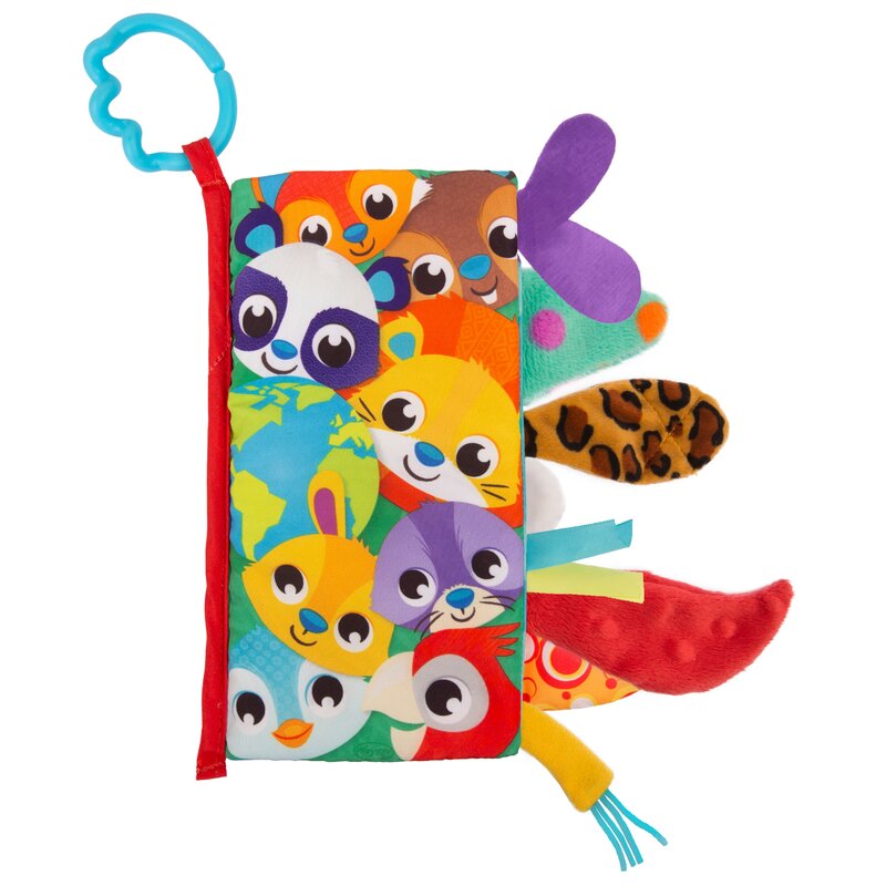 Carticica din plus, Playgro, In forma de carte, Include clema de atasare la carucior, Cu inel pentru dentitie, Cu texturi si culori, 3 luni+, Tails of the World Sensory Book - gogobaby.ro