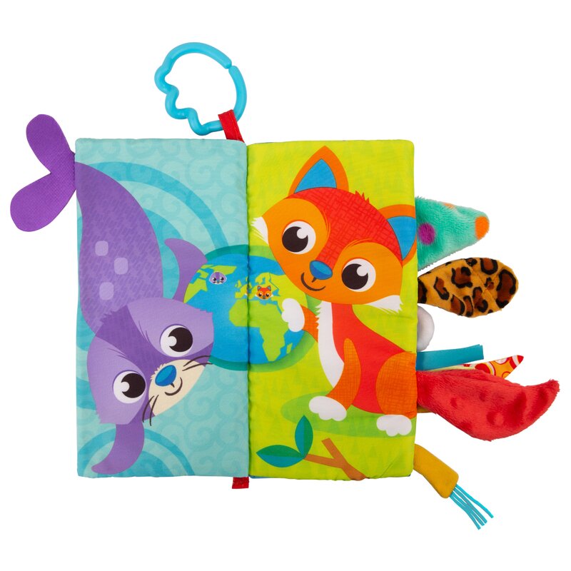 Carticica din plus, Playgro, In forma de carte, Include clema de atasare la carucior, Cu inel pentru dentitie, Cu texturi si culori, 3 luni+, Tails of the World Sensory Book - gogobaby.ro