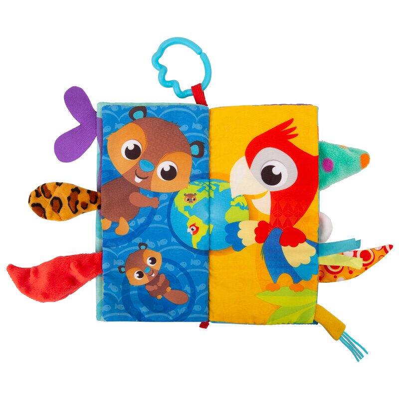 Carticica din plus, Playgro, In forma de carte, Include clema de atasare la carucior, Cu inel pentru dentitie, Cu texturi si culori, 3 luni+, Tails of the World Sensory Book - gogobaby.ro