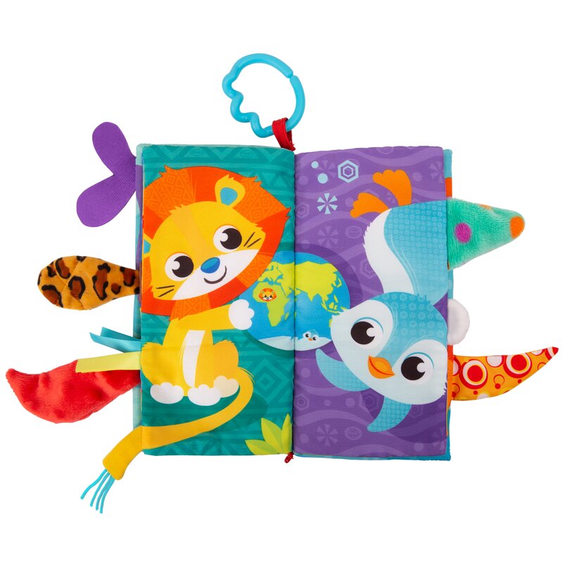 Carticica din plus, Playgro, In forma de carte, Include clema de atasare la carucior, Cu inel pentru dentitie, Cu texturi si culori, 3 luni+, Tails of the World Sensory Book - gogobaby.ro