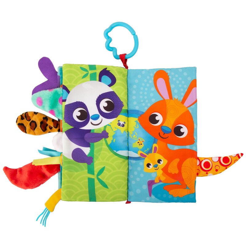 Carticica din plus, Playgro, In forma de carte, Include clema de atasare la carucior, Cu inel pentru dentitie, Cu texturi si culori, 3 luni+, Tails of the World Sensory Book - gogobaby.ro