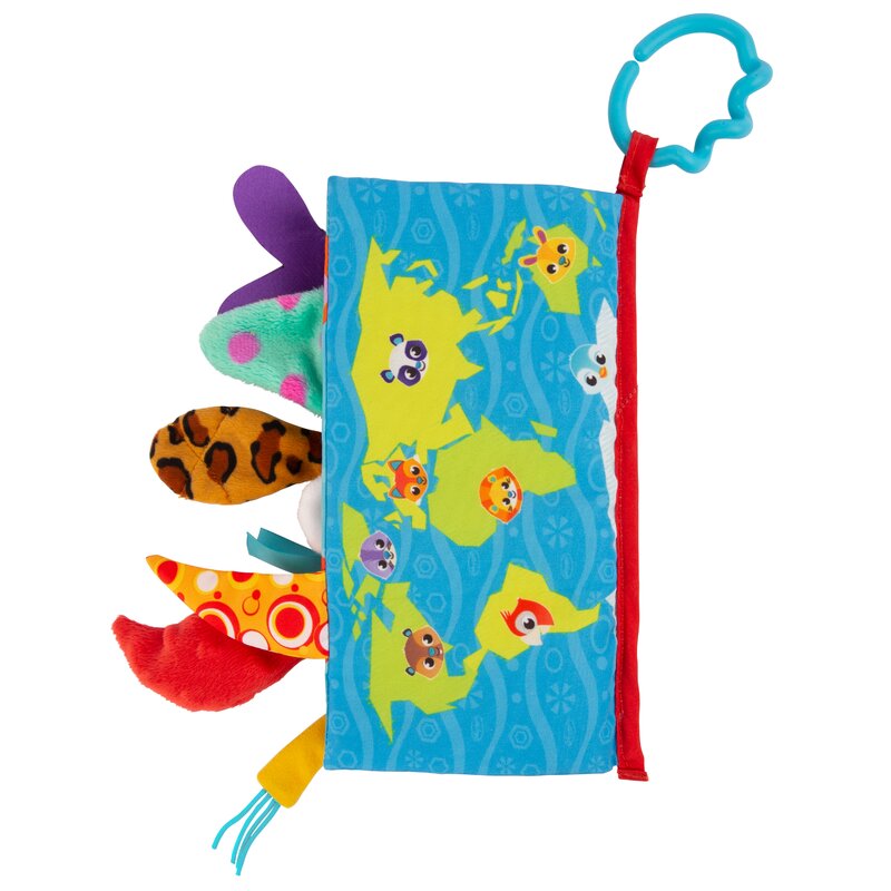 Carticica din plus, Playgro, In forma de carte, Include clema de atasare la carucior, Cu inel pentru dentitie, Cu texturi si culori, 3 luni+, Tails of the World Sensory Book - gogobaby.ro