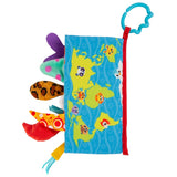 Carticica din plus, Playgro, In forma de carte, Include clema de atasare la carucior, Cu inel pentru dentitie, Cu texturi si culori, 3 luni+, Tails of the World Sensory Book